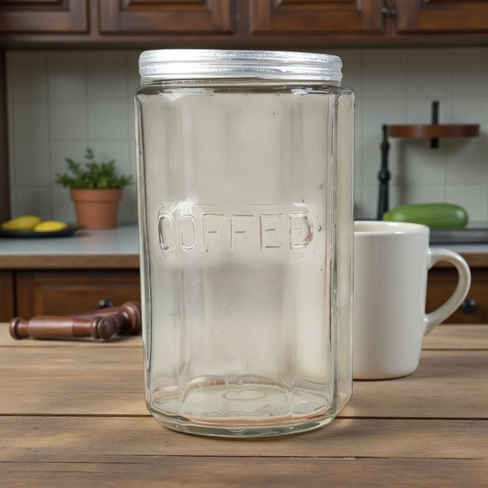 Antique Hoosier Cabinet Clear Glass 12 Panel Embossed Coffee Jar With Zinc Lid